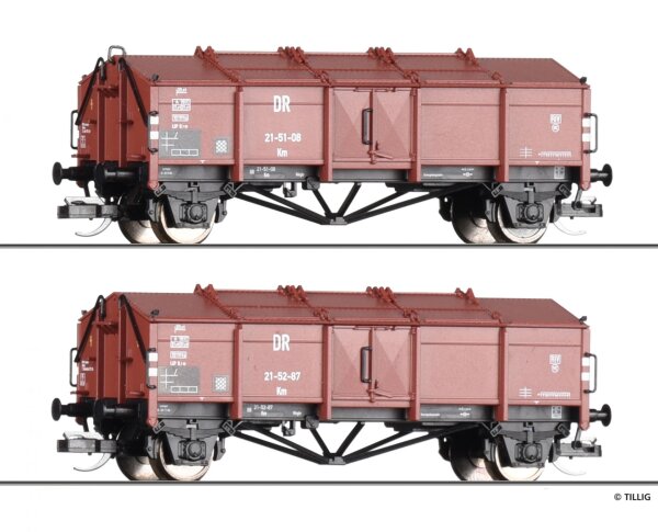 Tillig 502700 - TT - Güterwagen-Set, DR, Ep. III, bestehend aus zwei Klappdeckelwagen Km